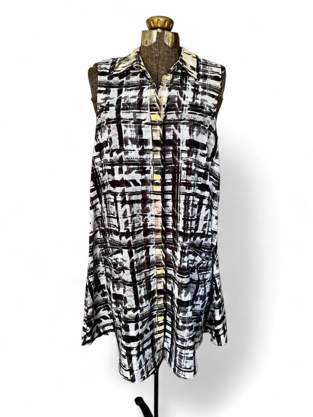 Rachel Roy Black Checkered Plaid Button Up Mini Shirt Dress Sleeveless Tunic